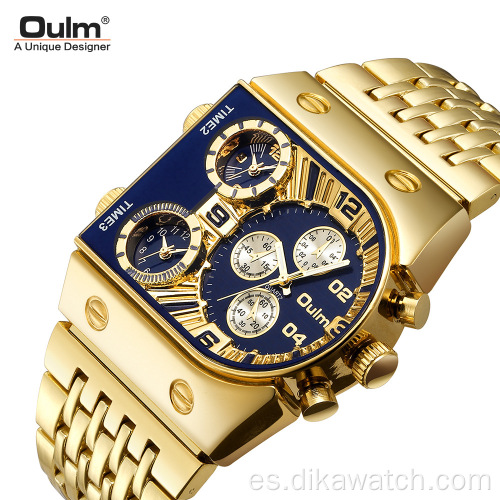 Reloj de esfera grande en forma de D dorado original con cadena Correa de acero inoxidable Relojes de cuarzo para hombres Reloj de pulsera de lujo con múltiples zonas horarias